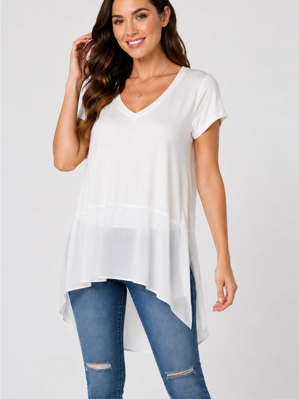 Premise White Alyssum Short Sleeve Layer, Mixed Media V-Neck High-Low Top Size S